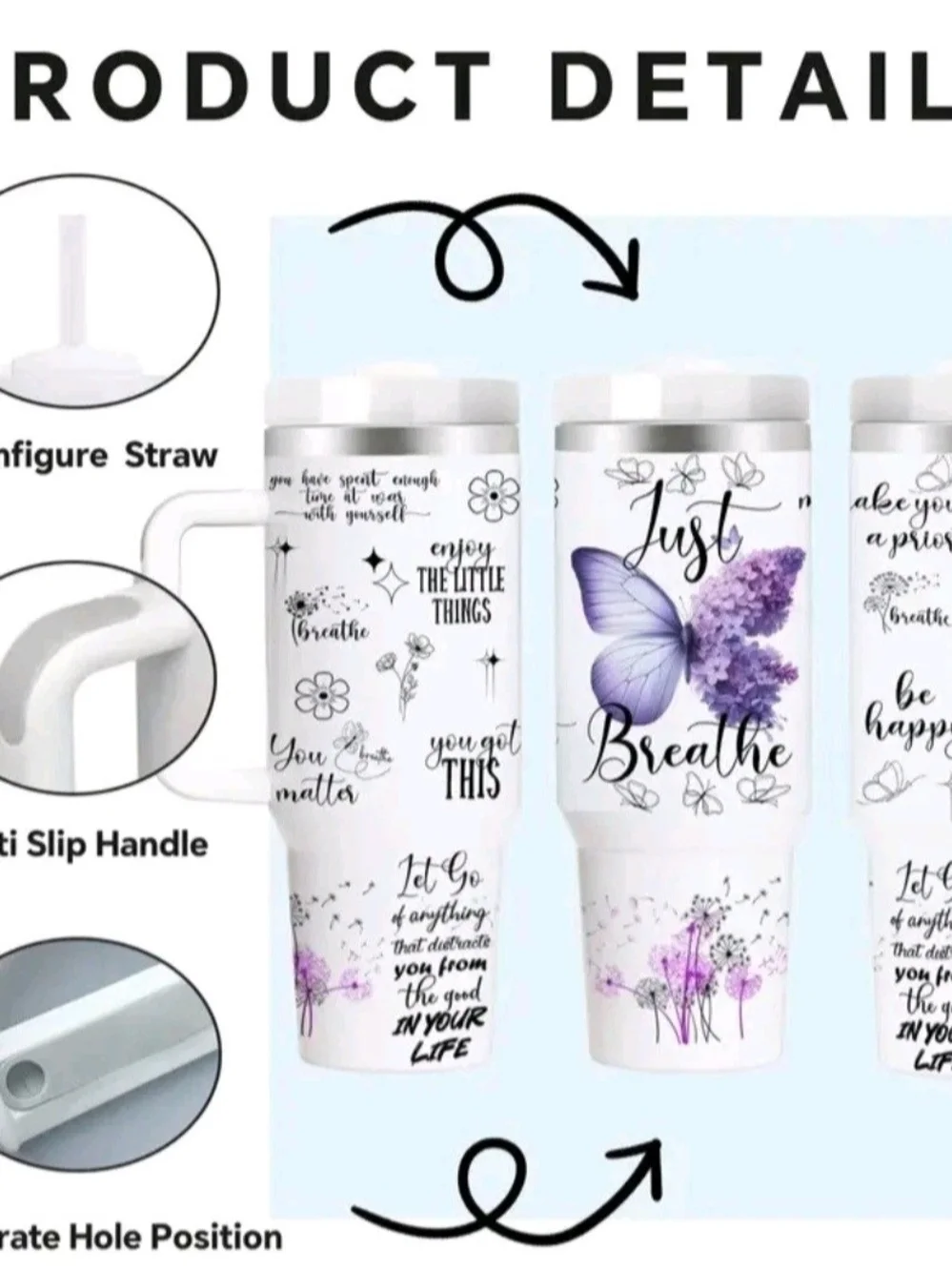 Just Breathe Purple Butterfly Self Care Srainless Steel Insulated Tumbler 40 Oz.